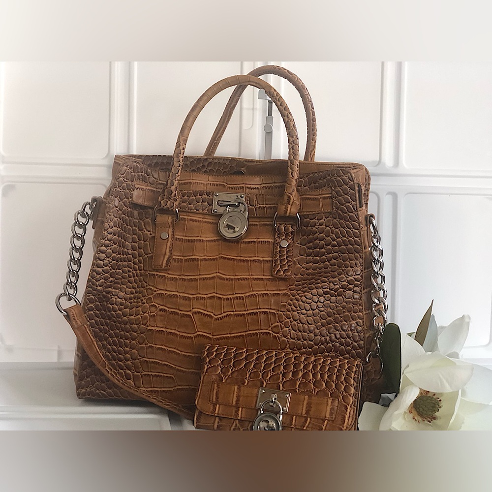 Brand New 'AHB' Tan- Mock Croc Padlock Satchel with/ Strap & Matching Wallet